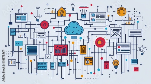 Abstract Digital Network with Colorful Icons Representing Data Analytics and Technology Concepts in Modern Style