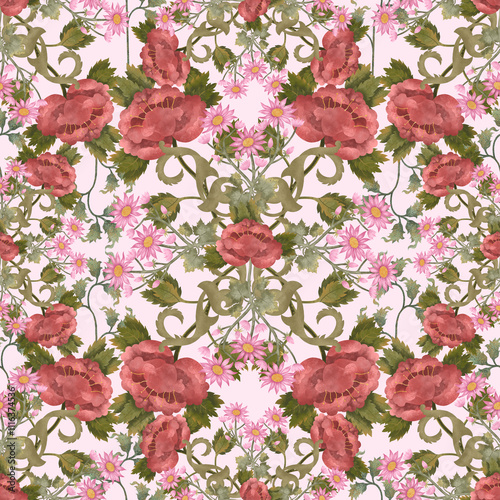 Seamless botanical print on pink background with pink flowers and green leaves