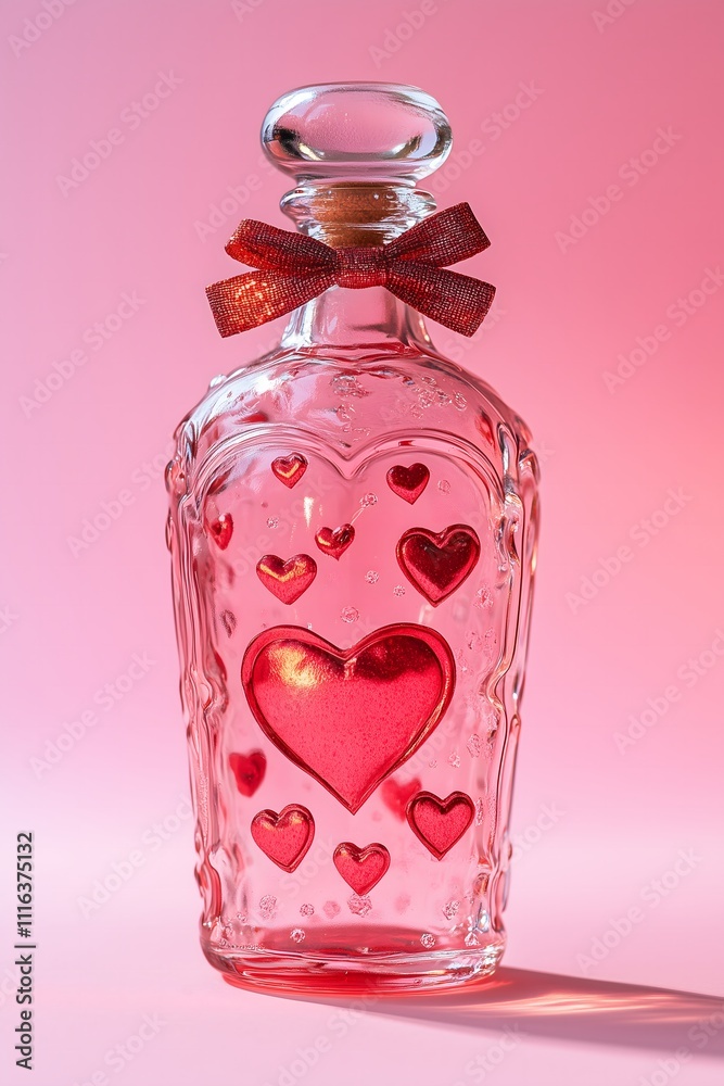 Empty glass bottle with red and pink hearts with a red bow on a top on a pastel pink background. Valentines and romantic vibes.