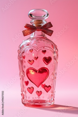 Obraz na płótnie Empty glass bottle with red and pink hearts with a red bow on a top on a pastel pink background. Valentines and romantic vibes. w salonie