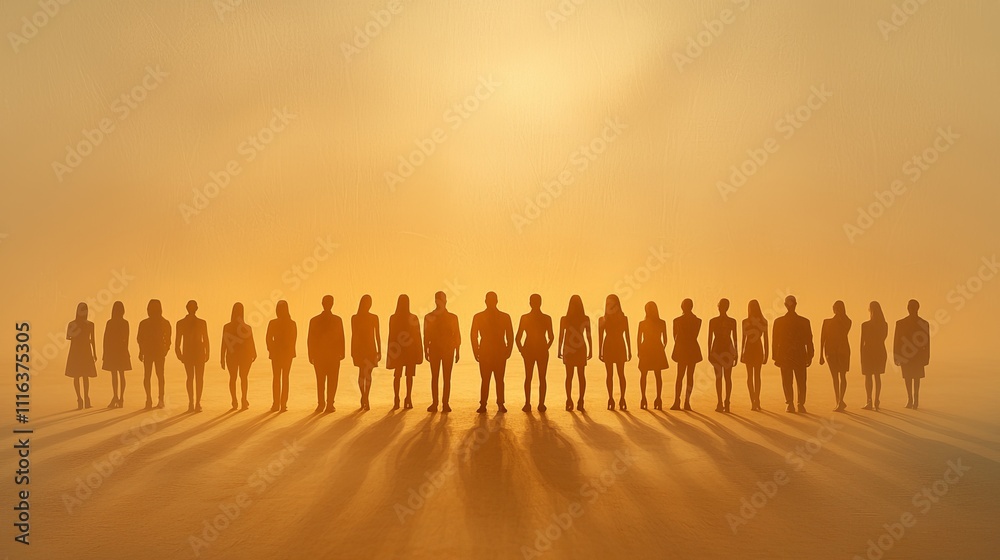 Naklejka premium Diverse Group of Silhouetted People Standing Together Against a Golden Sunrise Background in an Outdoor Setting