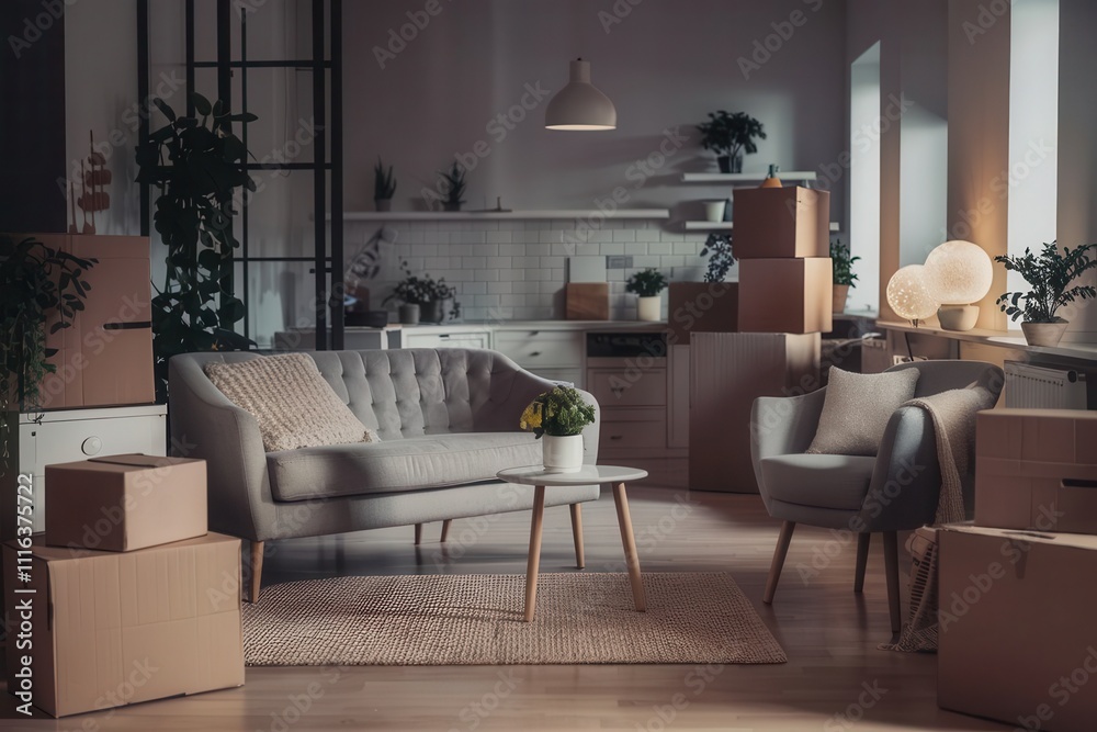 Fototapeta premium Living Room Filled with Cardboard Boxes