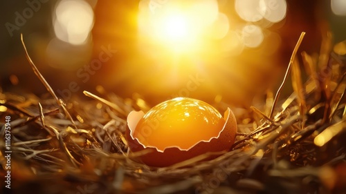 Egg farm concept. A macro shot of a hen s feathers glistening in the sunlight, with a freshly laid egg partially hidden in the straw photo