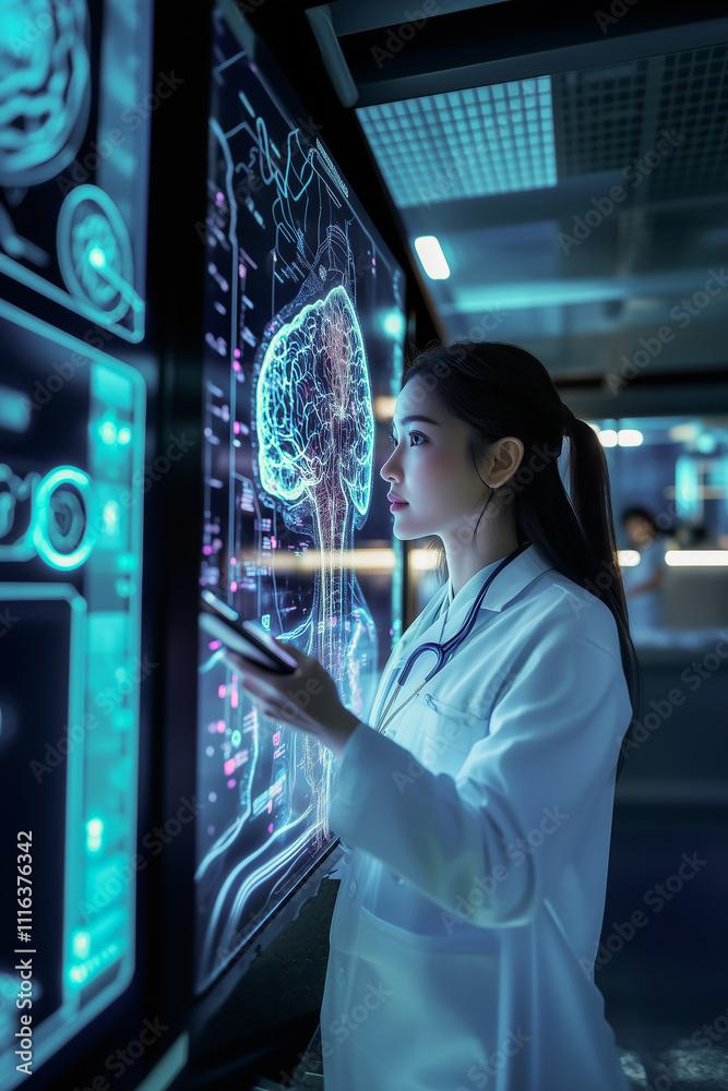 Scientist using tablet in futuristic medical lab with holographic anatomy display Scientist using tablet in futuristic medical lab with holographic anatomy display