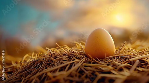 Egg farm concept. Artistic close-up of a single egg resting on a bed of hay, with intricate details of its texture and color, set against a soft-focus background photo