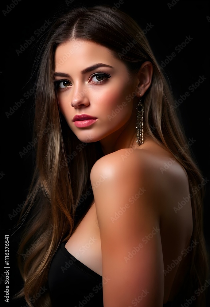 Close up fashion photo of a beautiful model with long hair, wearing long dangling earrings, fashion pose, studio portrait, dark background.
Close up fashion photo of a beautiful model with long hair, wearing long dangling earrings, fashion pose, studio portrait, dark background.
