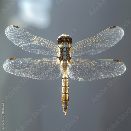 Golden dragonfly showcasing intricate wing patterns glistening in natural light, captured in motion. photo