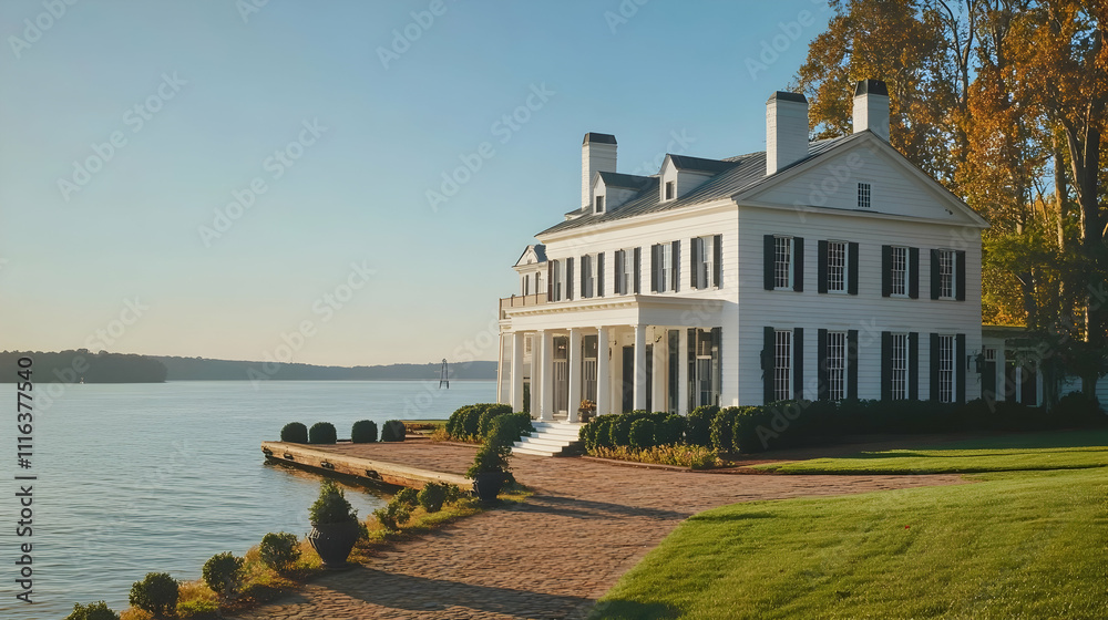 Fototapeta premium Waterfront Colonial Home with Private Dock and Gardens, Greenwich Cove Estate
