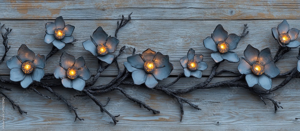 Obraz premium Decorative glow garland with floral lamps on rustic wooden surface enhancing a cozy atmosphere and adding charm to interior design