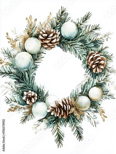 Christmas wreath adorned with lush pine branches, golden pinecones, white berries, and a touch of snow,