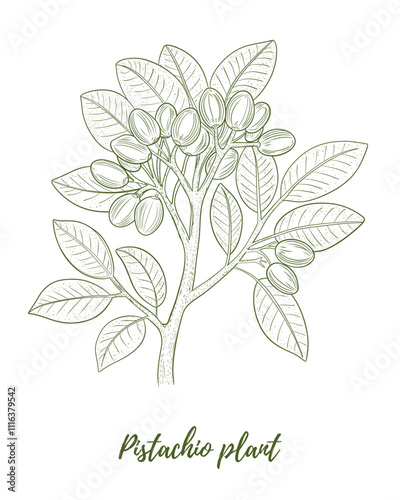 Vector pistachio plant with nuts line art illustration, graphic line coffee plant combination. Pistachio nuts. Pistachio branch. Great for any designs, textile, art, walls, package