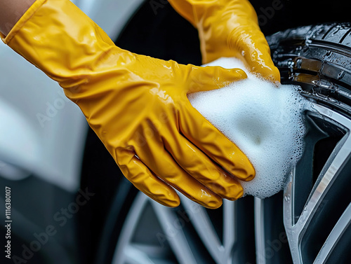 person wearing yellow rubber gloves cleaning car tire with soapy sponge, focusing on cleanliness photo