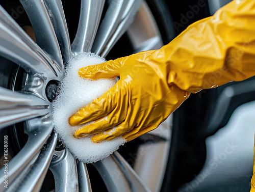 person wearing yellow rubber gloves cleaning car wheel with soapy sponge photo