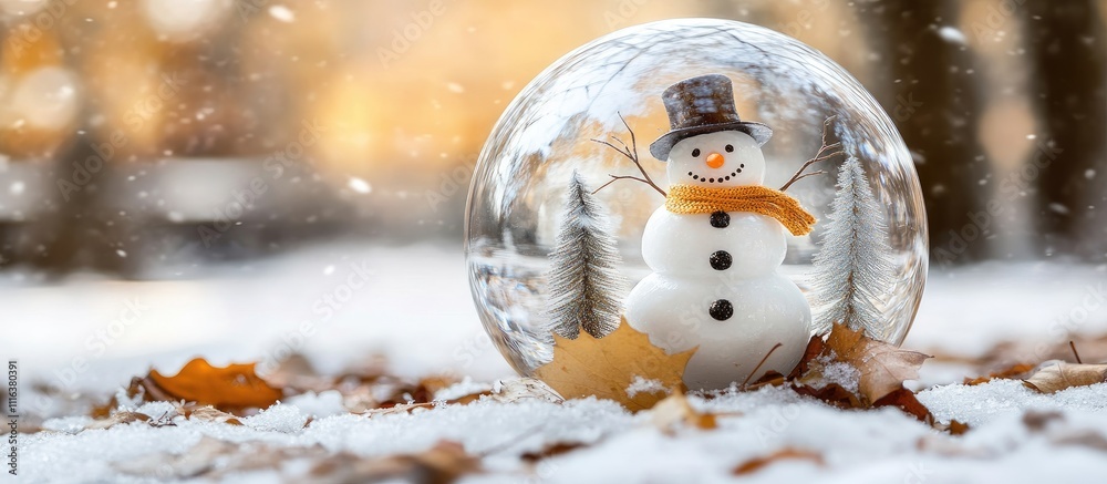 Obraz premium Glass snow globe featuring a cheerful snowman and evergreen trees surrounded by gentle snowfall in a winter landscape.
