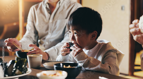 Photography Japanese boy, family and eating in home with youth, lunch and dining room together with sushi