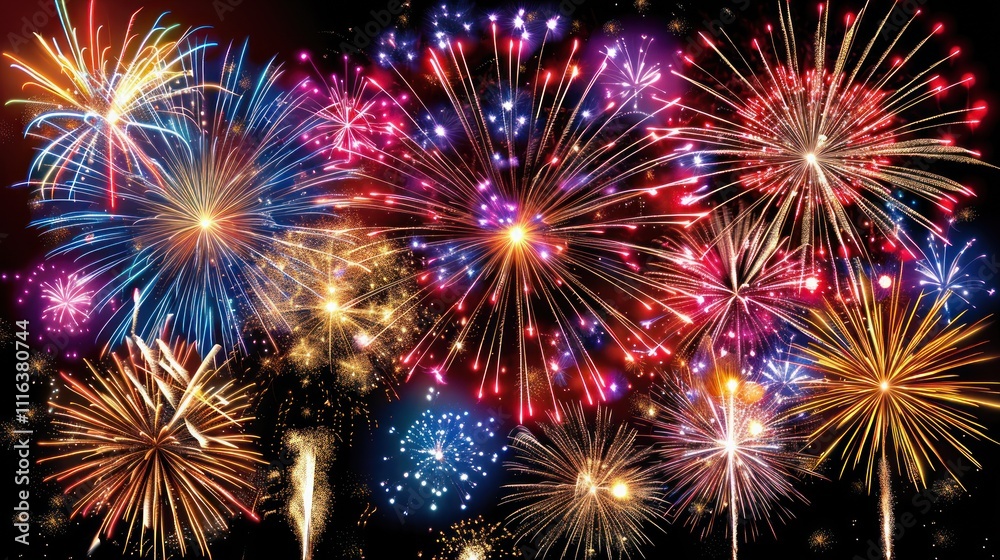 Fototapeta premium Vibrant fireworks display exploding in night sky. (1)