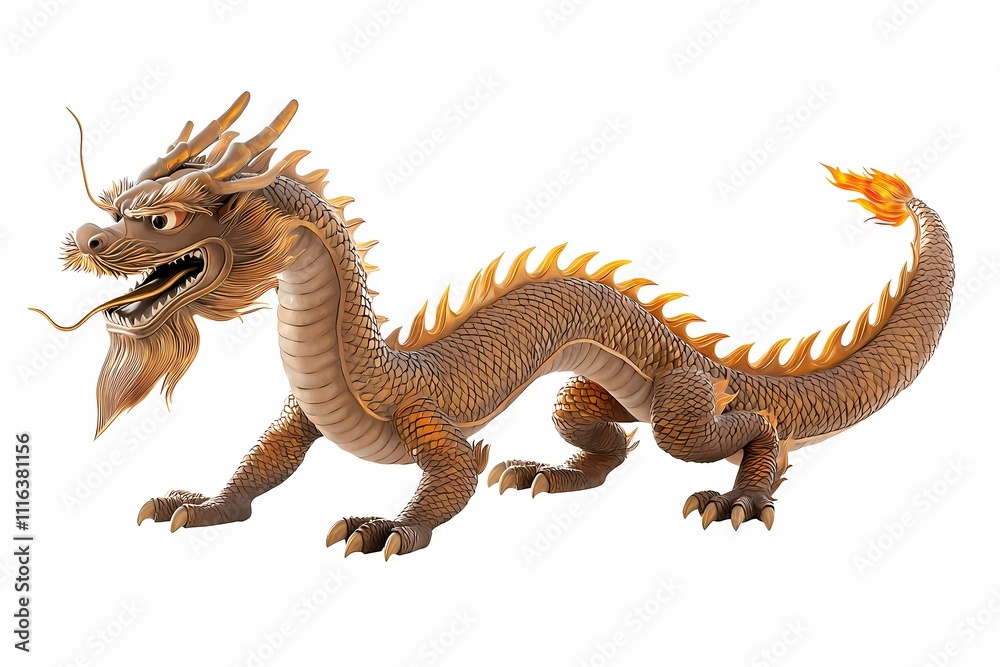 Fototapeta premium Majestic Dragon with Scales and Fiery Tail in Dynamic Pose