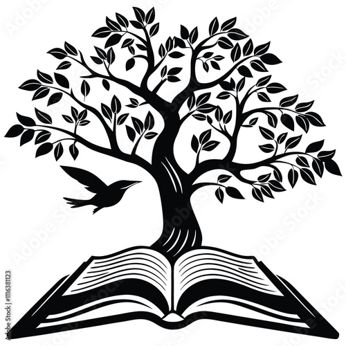 a black and white illustration of an open book with a tree growing out of it