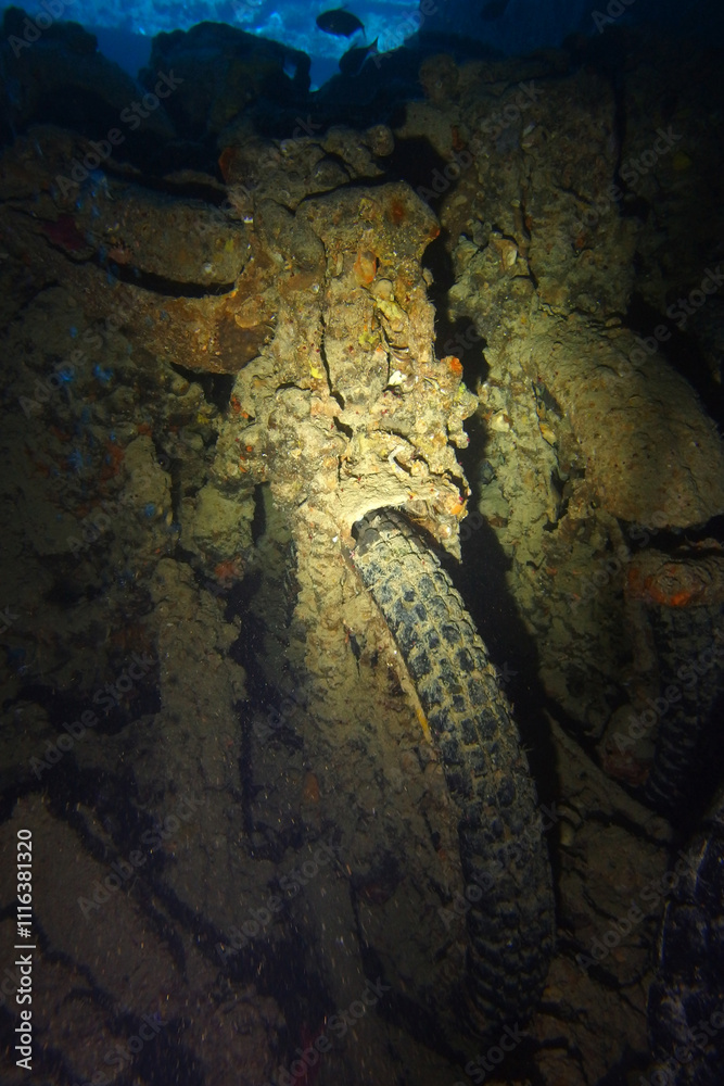 Old motorbikes inside Thistlegorm shipwreck in the Red Sea, Egypt