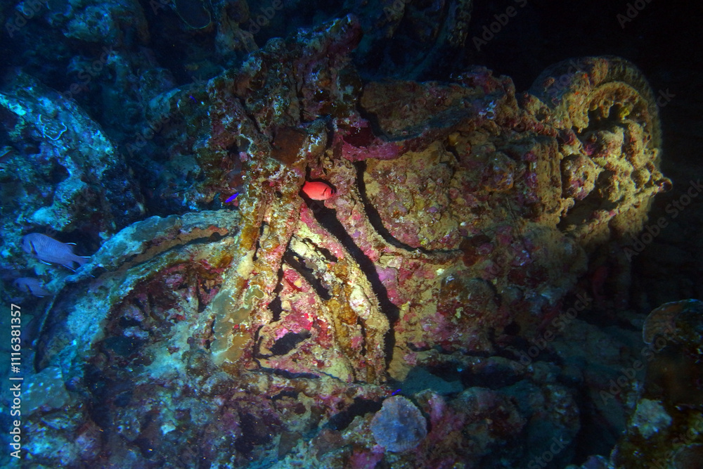 Old motorbikes inside Thistlegorm shipwreck in the Red Sea, Egypt