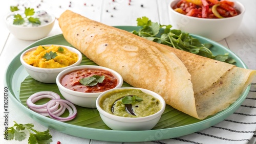 Plain dosa on a banana leaf with chutneys and sambar served alongside
