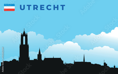 Black silhouette of Utrecht city skyline with text and flag. Vector on the background of blue sky and white clouds