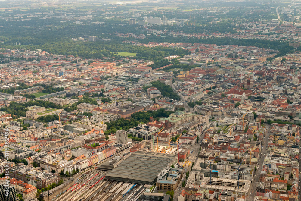 Obraz premium Train station in Munich in Germany seen from a small plane