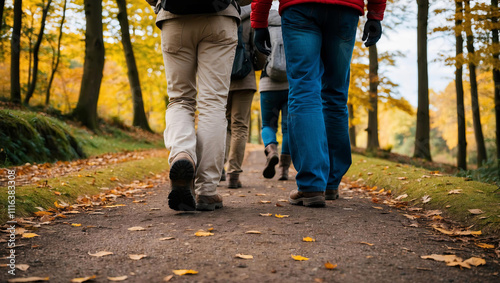 Feet close-up of group of tourists walking in autumn rorest. Travel, hiking, leisure photo