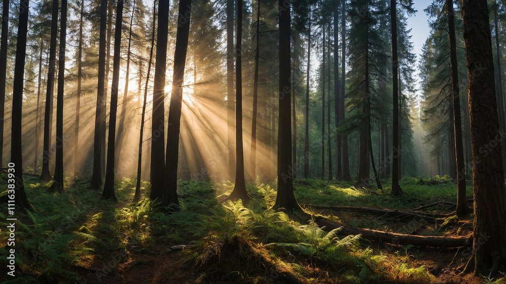 Fototapeta premium Beautiful panorama of green forest with sunbeams through foliage. Calmness, serenity