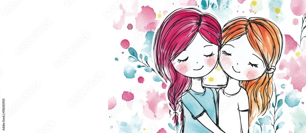 Watercolor illustration of two girls hugging in a joyful Mother’s Day card design with floral elements and pastel colors. Watercolor illustration of two girls hugging in a joyful Mother’s Day card design with floral elements and pastel colors.