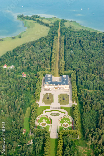 Men island on the lake Chiemsee in Germany seen from a small plane