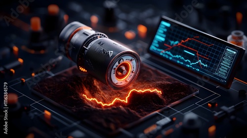 Meticulously recording earthquake events with a sophisticated sensor array capturing ground motion data displayed on a digital touchscreen interface revealing real time seismic readings