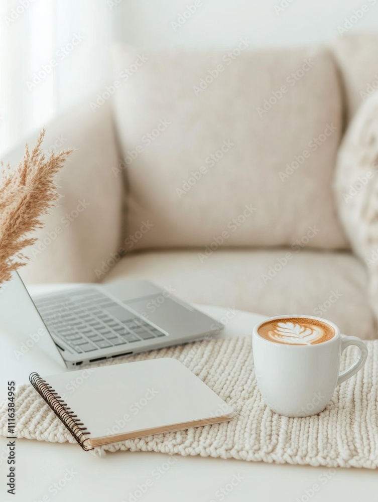 Minimalist Workspace Flatlay: Laptop, Notebook, and Coffee Cup in Modern Living Room with Neutral Tones Minimalist Workspace Flatlay: Laptop, Notebook, and Coffee Cup in Modern Living Room with Neutral Tones