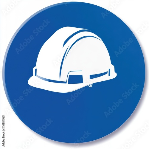 This blue circular sign features a white hard hat, indicating safety measures in construction areas. It emphasizes the importance of helmet use for worker protection during activities