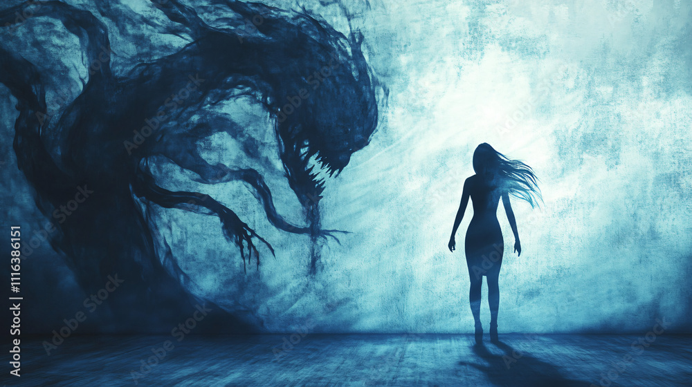 Fototapeta premium A visual representation of a person confronting their fears, symbolized by shadows and light, illustrating emotional courage and growth.