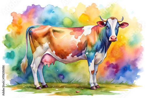 watercolor cow artistic full body portrait vibrant color illustration art with splash background photo