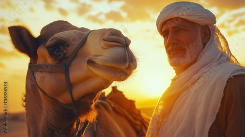 Man and camel against a stunning desert sunset