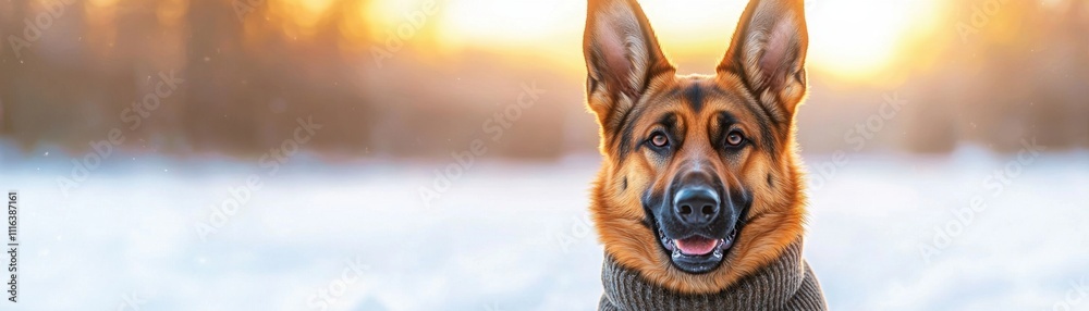 Fototapeta premium Cozy pet sweater for snowy dog walks concept. Dog standing in snow with a warm sunset background