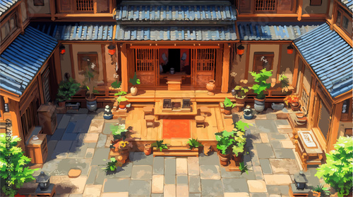 Vector illustration of a serene japanese courtyard featuring a traditional wooden house, decorated with lush potted plants