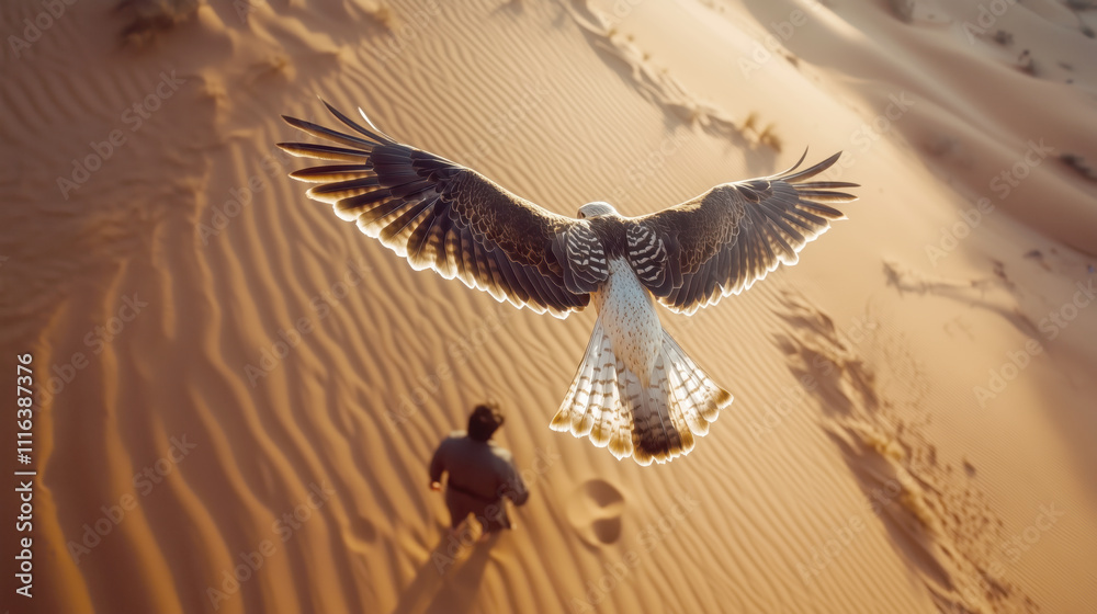 Naklejka premium Majestic hawk soaring over desert sands at sunset