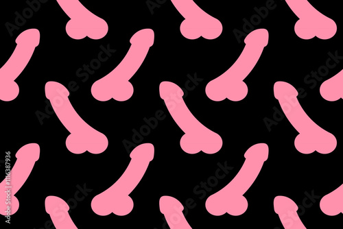 Funny seamless pattern with pink penises on black background. Suitable for wrapping paper, cards, fabric. Vector illustration