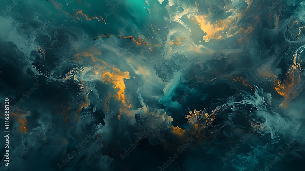 Obraz premium Abstract Swirling Artwork of Teal and Gold Hues