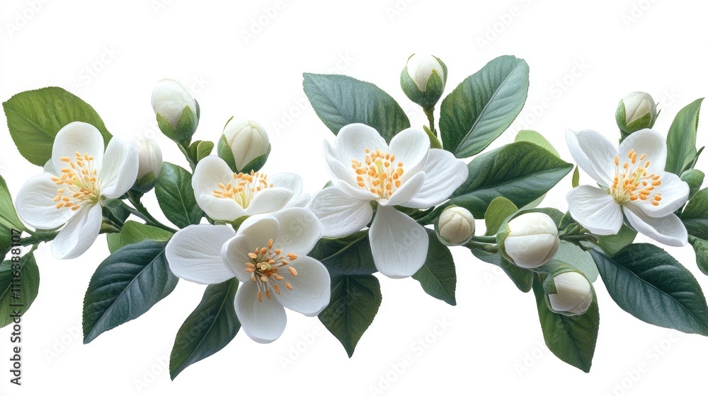 Obraz premium Neroli Blossom Citrus Flowers and Buds with Green Leaves Isolated on White Background for Botanical and Floral Design Usage