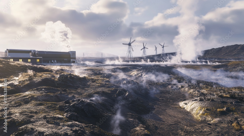 Fototapeta premium Geothermal power plant in a volcanic region surrounded by rocky terrain, hot springs, and misty steam rising from the ground, creating an atmospheric and futuristic energy production scene.