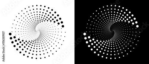 Modern abstract background. Halftone dots in spiral. Round logo. Vector dotted frame. Design element or icon. Black shape on a white background and the same white shape on the black side.