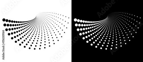 Modern abstract background. Halftone dots in spiral. Round logo. Vector dotted frame. Design element or icon. Black shape on a white background and the same white shape on the black side.