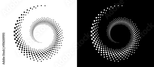 Modern abstract background. Halftone dots in spiral. Round logo. Vector dotted frame. Design element or icon. Black shape on a white background and the same white shape on the black side.