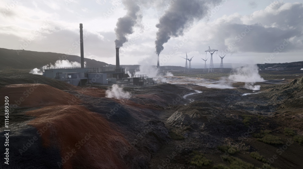 Fototapeta premium Geothermal power plant in a volcanic region surrounded by rocky terrain, hot springs, and misty steam rising from the ground, creating an atmospheric and futuristic energy production scene.