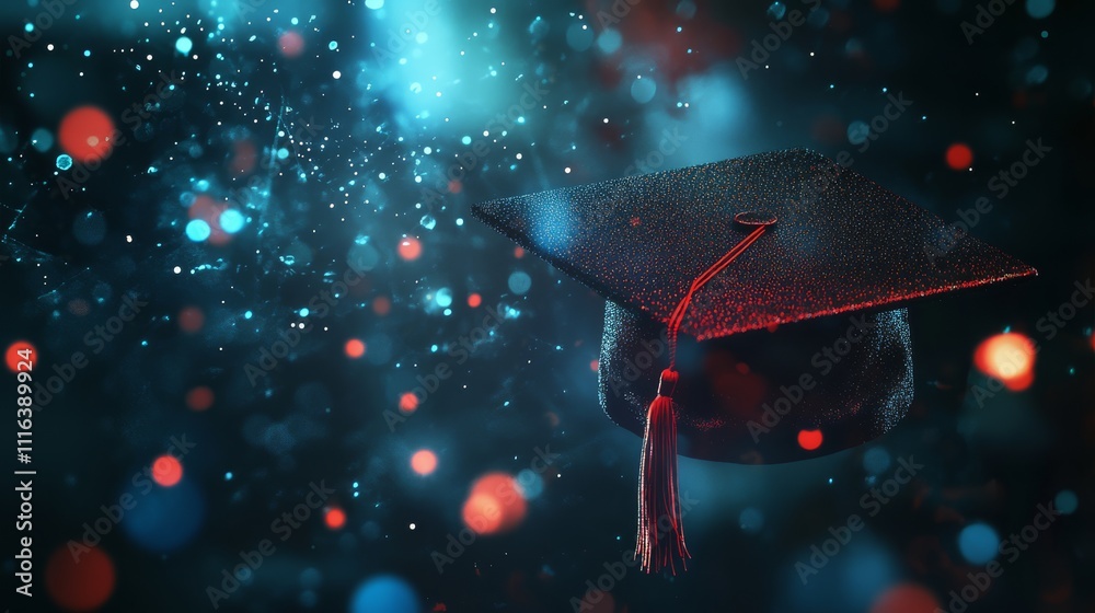Naklejka premium An illustration with digital technologies and a graduation cap, luminous particles and dots, the concept of online education