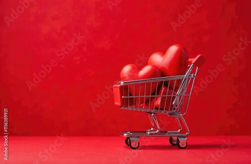 Shopping cart filled with red hearts on a red background. Shopping concept for Valentine's Day.